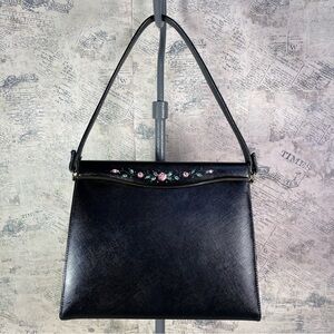 Vintage Etra 1960s French Black Leather Hand-Painted Floral Handbag Pink Flowers